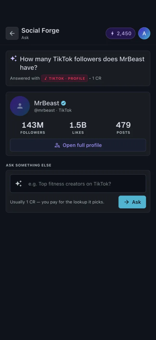 Ask screen answering a plain-English question about a creator.