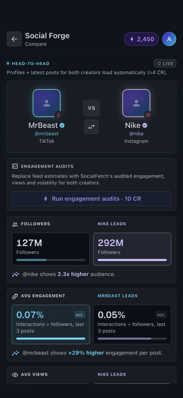 Compare screen putting two creators head to head on followers and engagement.